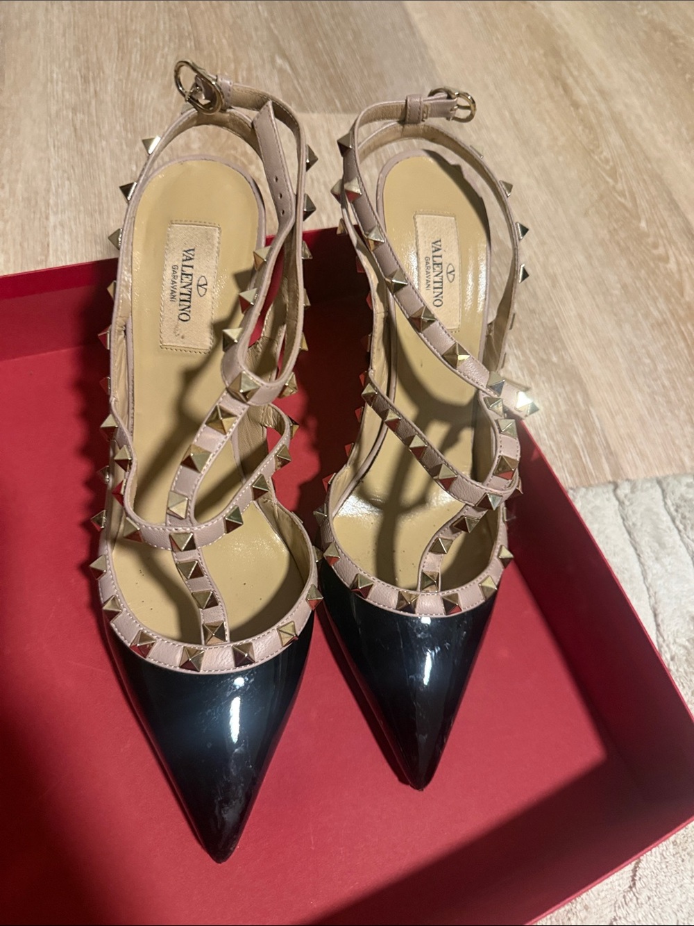 Valentino Black Patent Pointed Slingbacks with Nude Rockstud Straps